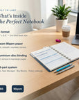 What's inside The Perfect Notebook — B5 format, cream 90gsm paper, aluminium disc binding, 3-part system