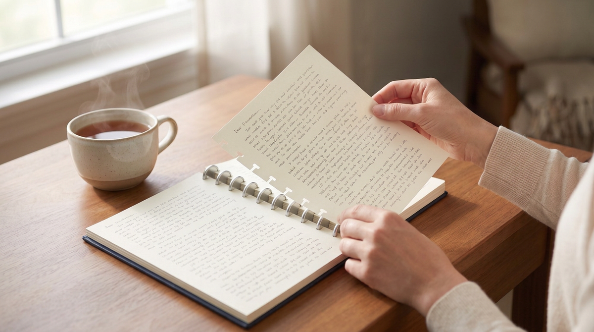 Hands lifting a handwritten page from a disc-bound notebook beside a cup of tea.