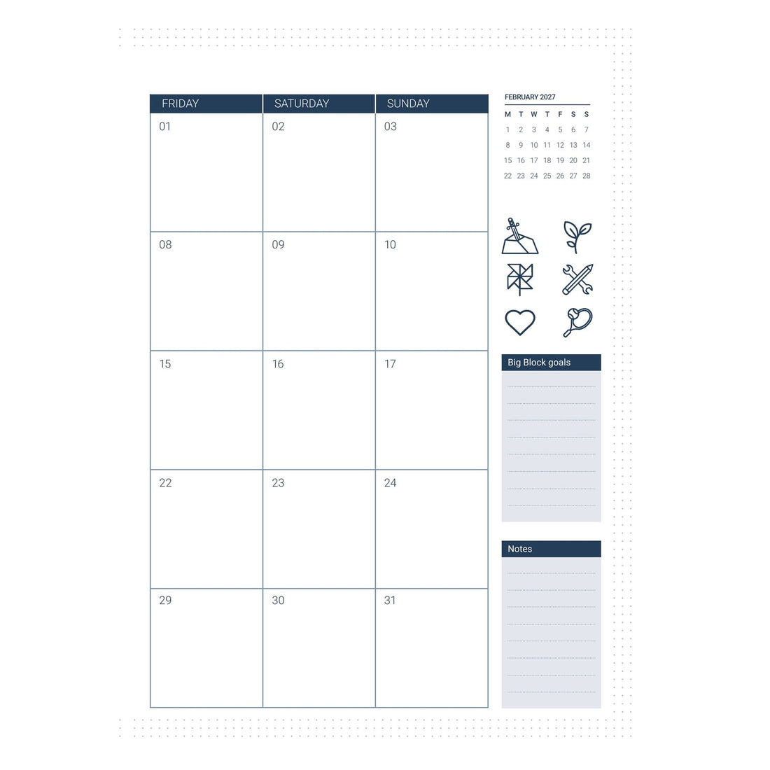 2027/2028 B5 Monthly Calendar Refill – January 2027 page (Friday to Sunday) with February 2027 mini calendar, Big Block goals and notes