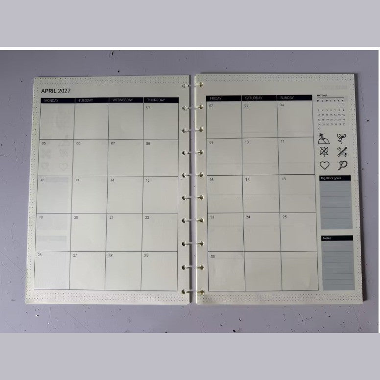 Printed sample of the 2027/2028 monthly calendar refill – open spread