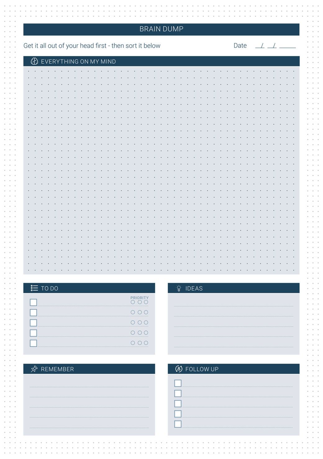 Brain Dump refill — dotted grid for free-form brainstorming with to do, ideas, remember, and follow up sections