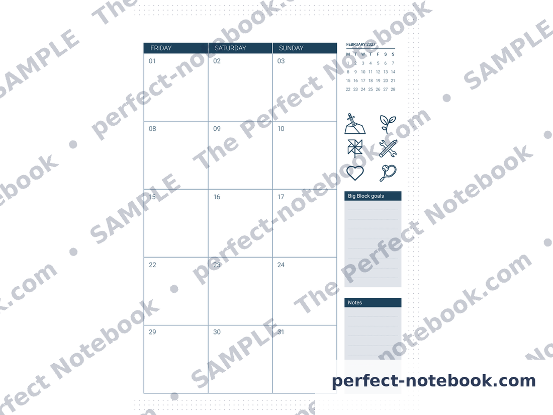 24-Month Calendar Refill from The Caregiver Kit, right-hand page — January 2027 Friday, Saturday and Sunday columns beside a February 2027 mini calendar, a Big Block goals column with category icons, and a Notes box