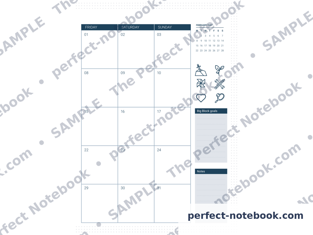 24-Month Calendar Refill from The Caregiver Kit, right-hand page — January 2027 Friday, Saturday and Sunday columns beside a February 2027 mini calendar, a Big Block goals column with category icons, and a Notes box