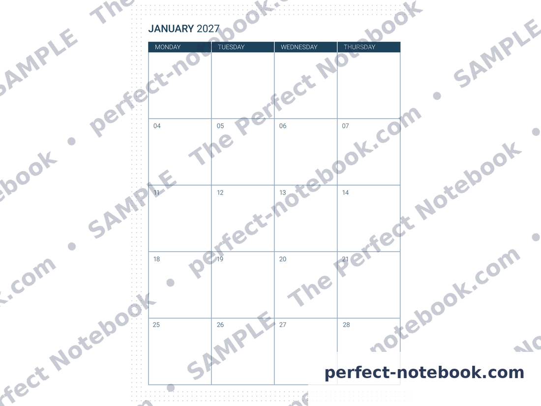24-Month Calendar Refill from The Caregiver Kit, left-hand page — January 2027 in Monday to Thursday columns with a full month of open date boxes