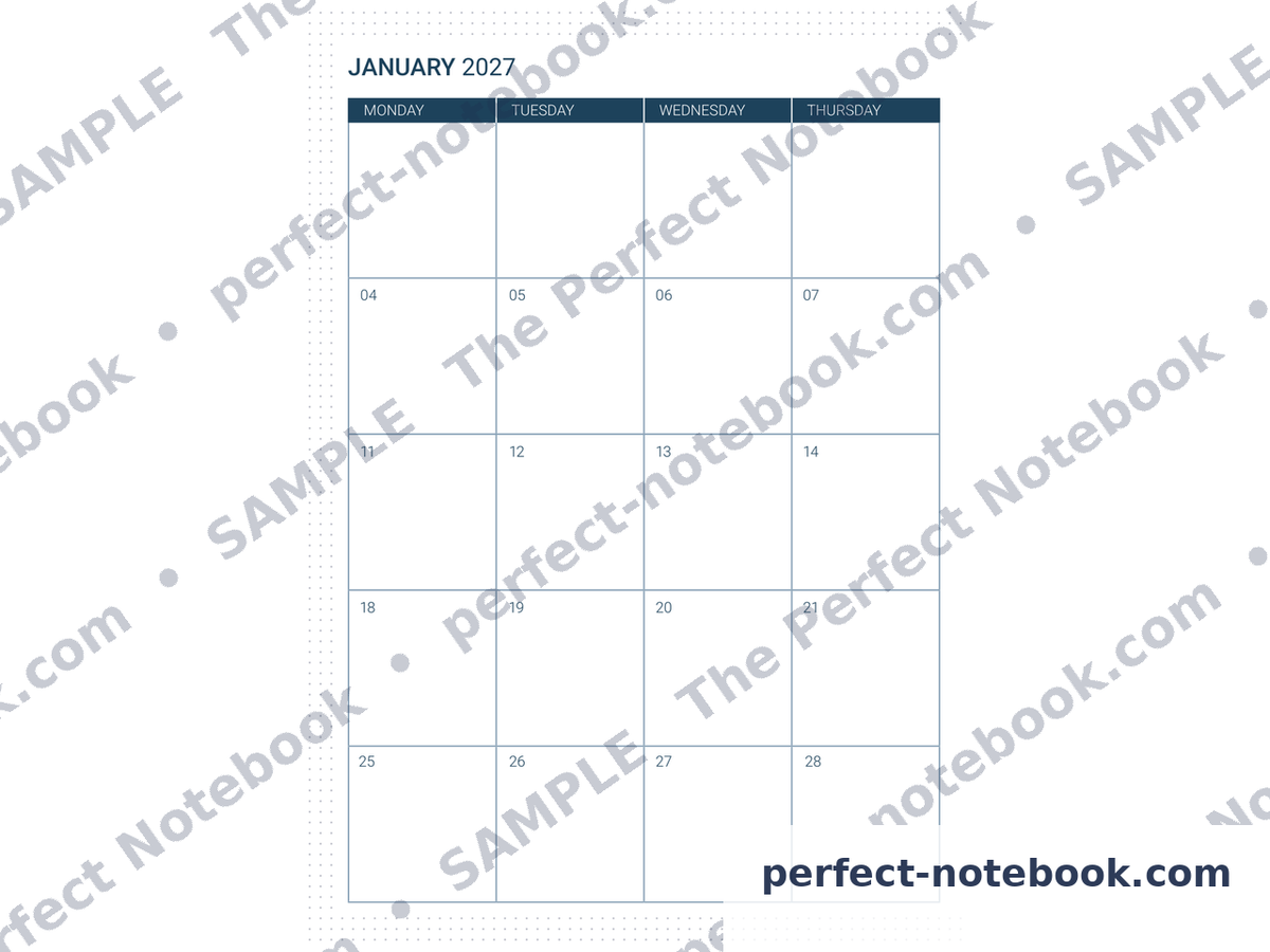 24-Month Calendar Refill from The Caregiver Kit, left-hand page — January 2027 in Monday to Thursday columns with a full month of open date boxes