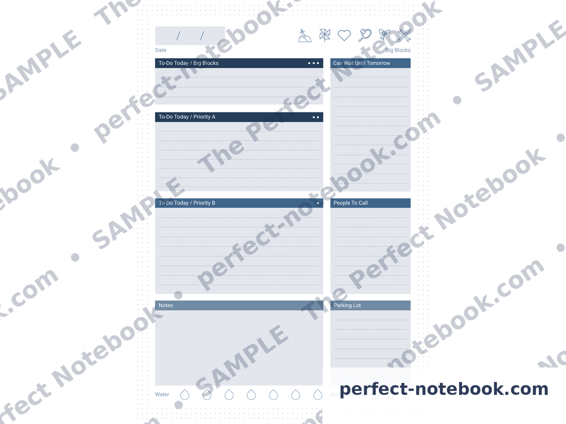 Daily Task Manager page from The Caregiver Kit — the six Big Block category icons across the top, then To Do Today Big Blocks, Priority A and Priority B sections, a People To Call list, a Parking Lot and a Notes box