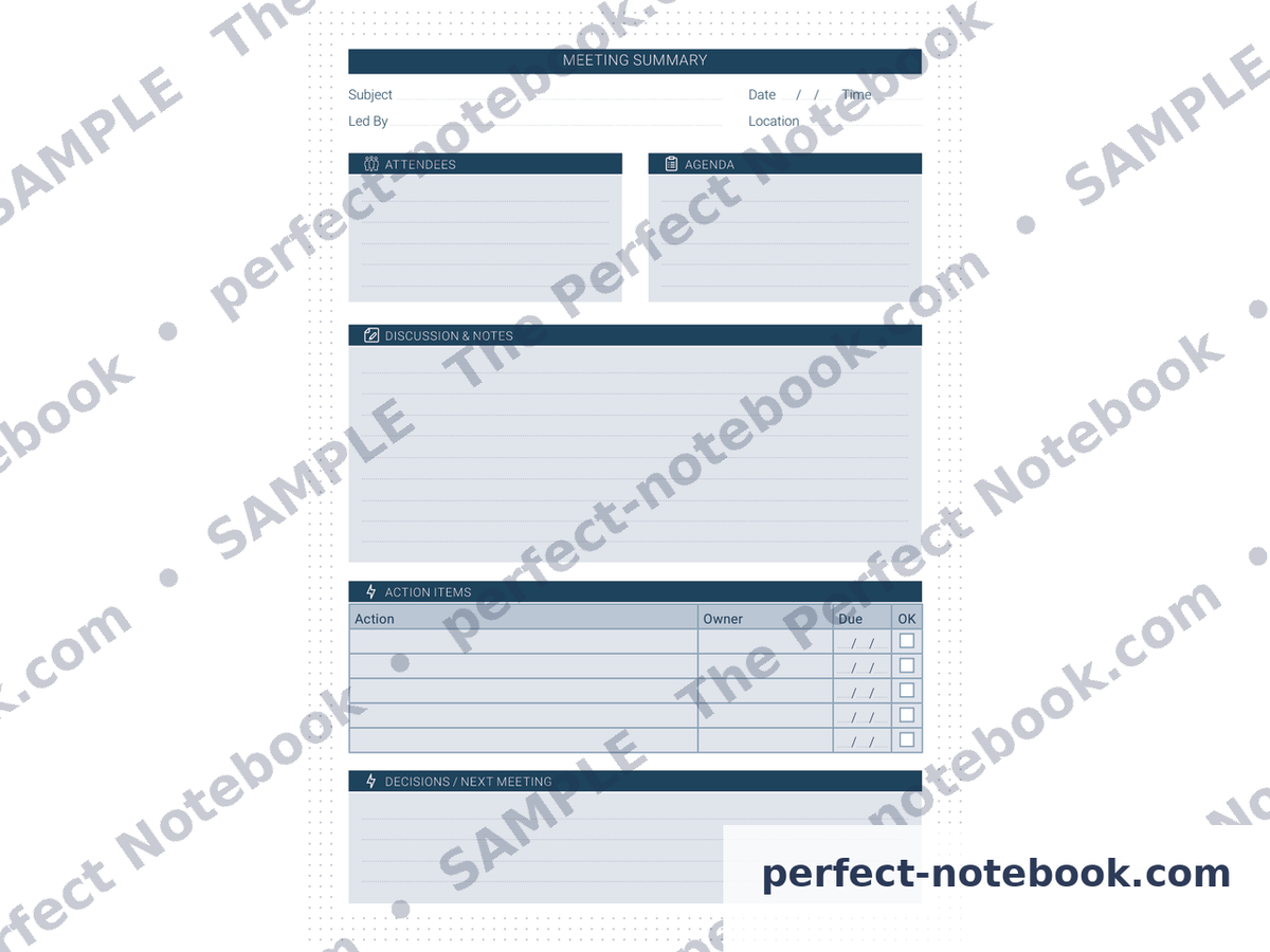 Meeting Summary page from The Caregiver Kit — subject, date, time, led by and location fields, attendees and agenda boxes, discussion and notes, an action items table with owner, due and OK columns, and a decisions and next meeting box