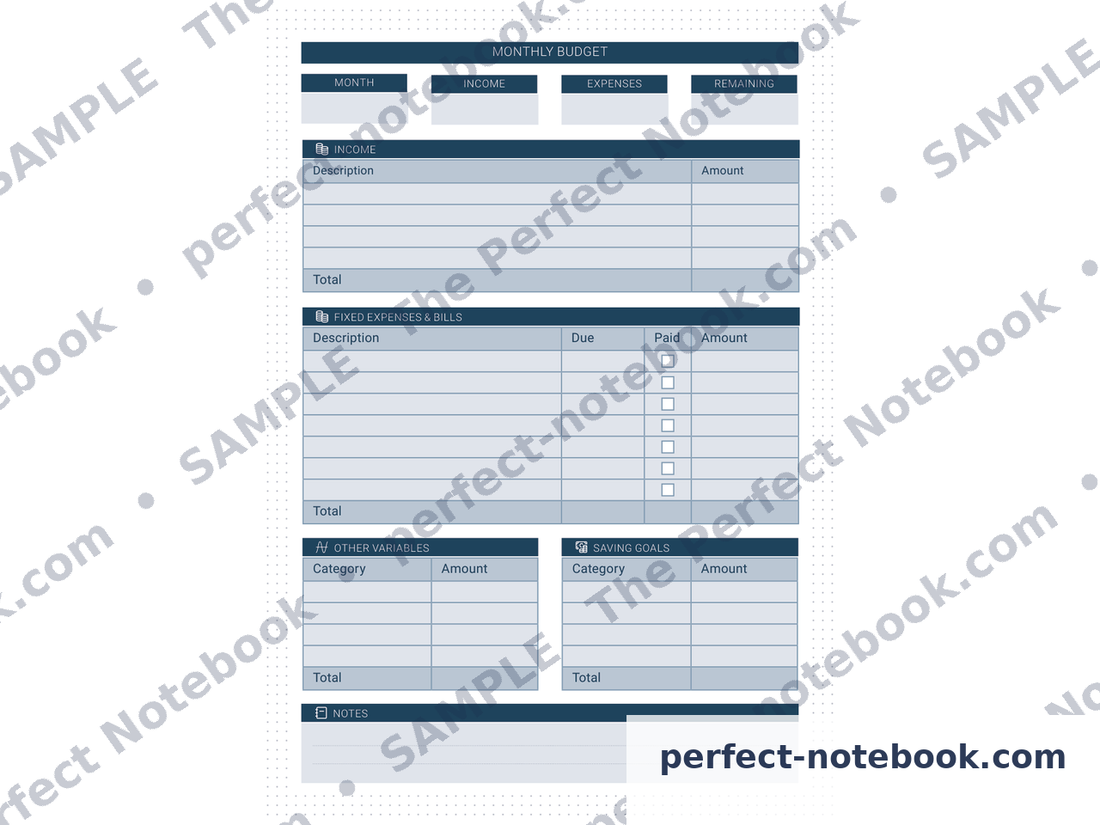 Monthly Budget page from The Caregiver Kit — month, income, expenses and remaining headers, an income table, a fixed expenses and bills table with due, paid and amount columns, and side-by-side other variables and saving goals totals