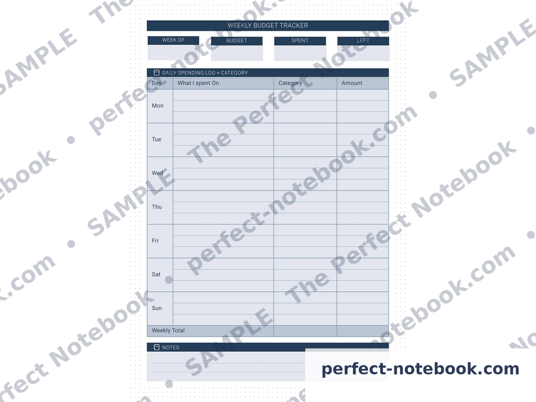 Weekly Budget Tracker page from The Caregiver Kit — week of, budget, spent and left fields above a daily spending log with what I spent on, category and amount columns for Monday to Sunday, a weekly total and a notes box