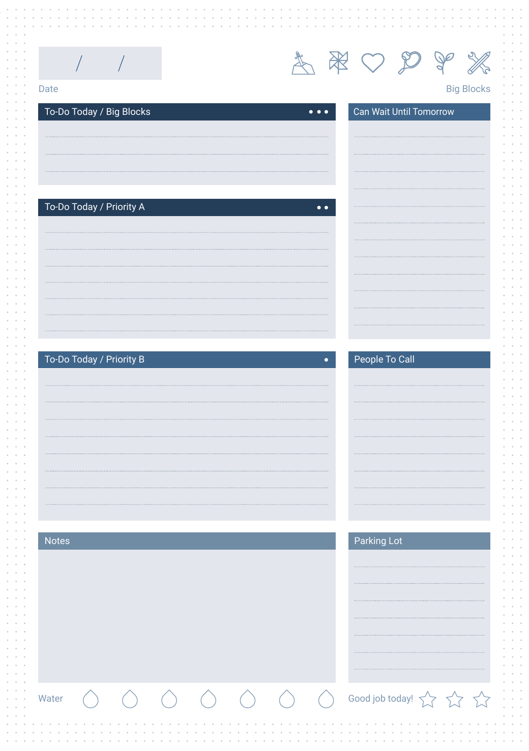 Daily Task Manager refill — To-Do Today, Big Blocks priorities A and B, Can Wait Until Tomorrow, People To Call, Notes, Parking Lot, Water tracker