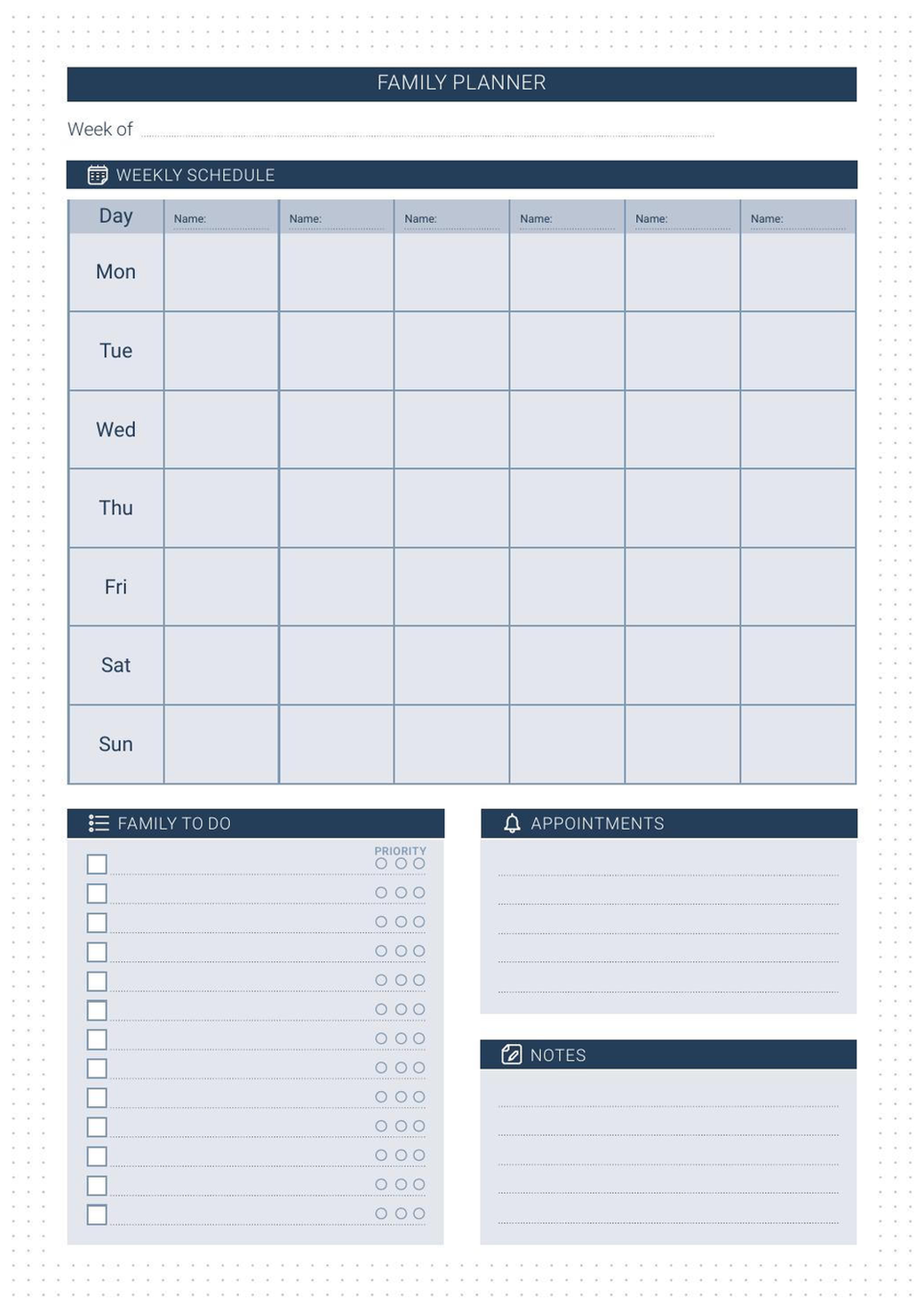Family Planner refill — weekly schedule grid for up to 6 family members with family to-do list, appointments, and notes sections