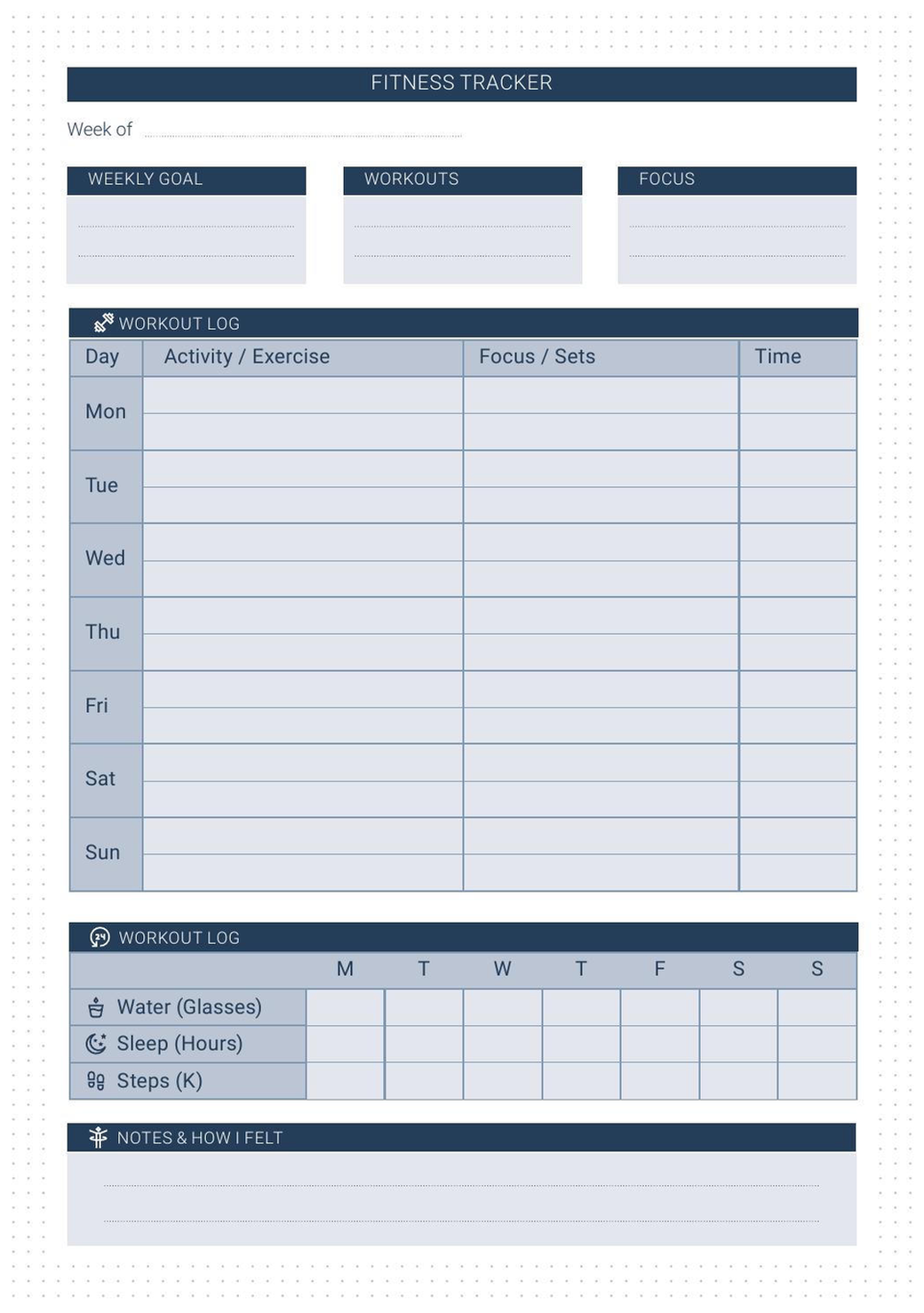 Fitness Tracker refill — weekly workout log with activity, focus/sets, and time columns plus daily water, sleep, and steps tracking