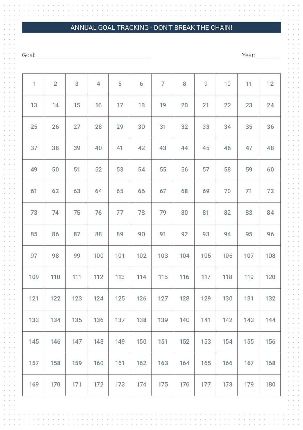 Goal Tracking refill — annual Don't Break the Chain 365-day grid, days 1 through 180