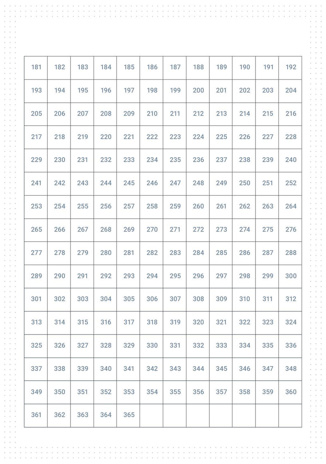 Goal Tracking refill — annual Don't Break the Chain 365-day grid, days 181 through 365