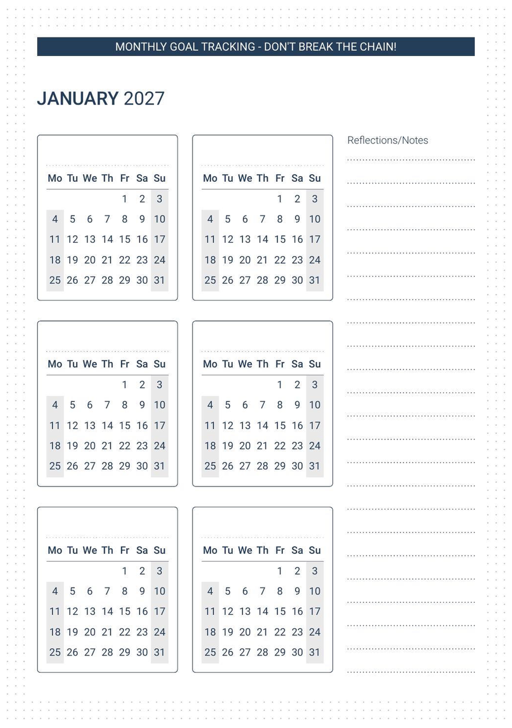 Goal Tracking refill — monthly Don't Break the Chain calendar view with 6 goal grids, January 2027 layout, and reflections/notes section