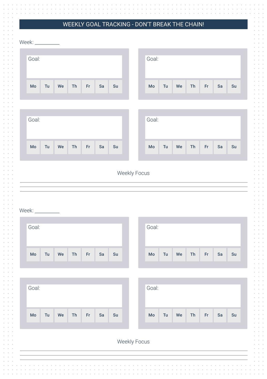 Goal Tracking refill — weekly Don't Break the Chain grid with 4 goal slots, daily Mo-Su checkboxes, and weekly focus section