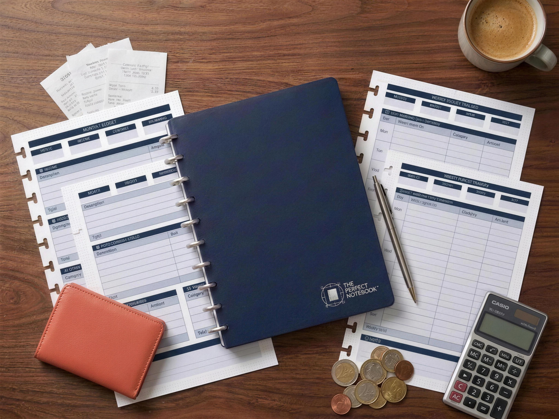 The Budget Kit — navy disc-bound notebook with budget planning sheets, receipts, calculator, coins and a coral wallet on a wooden desk