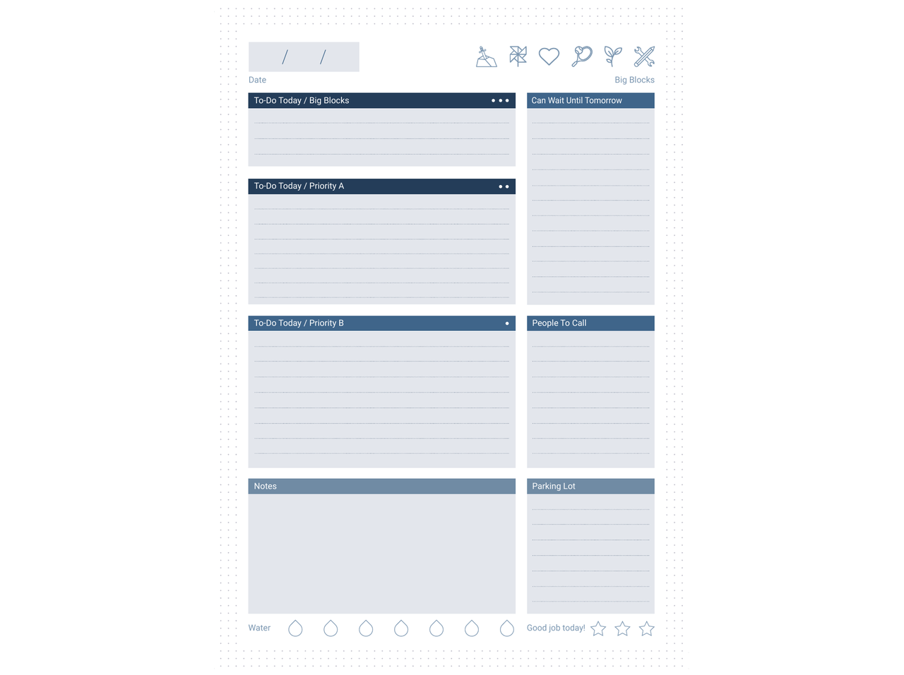 Daily Planner page — To-Do Today, Big Blocks, Priority A/B, Notes