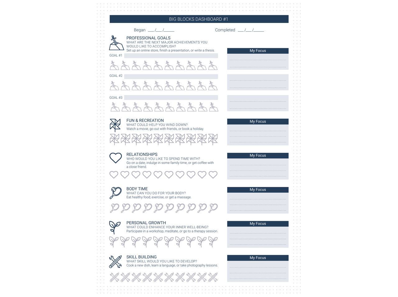 Big Blocks Dashboard — Professional Goals, Fun & Recreation goal categories