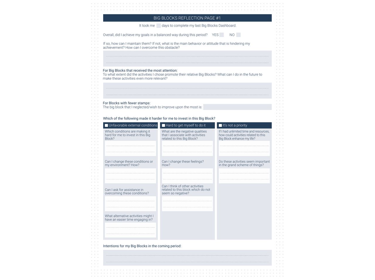 Big Blocks Reflection Page — reflection questions and intentions