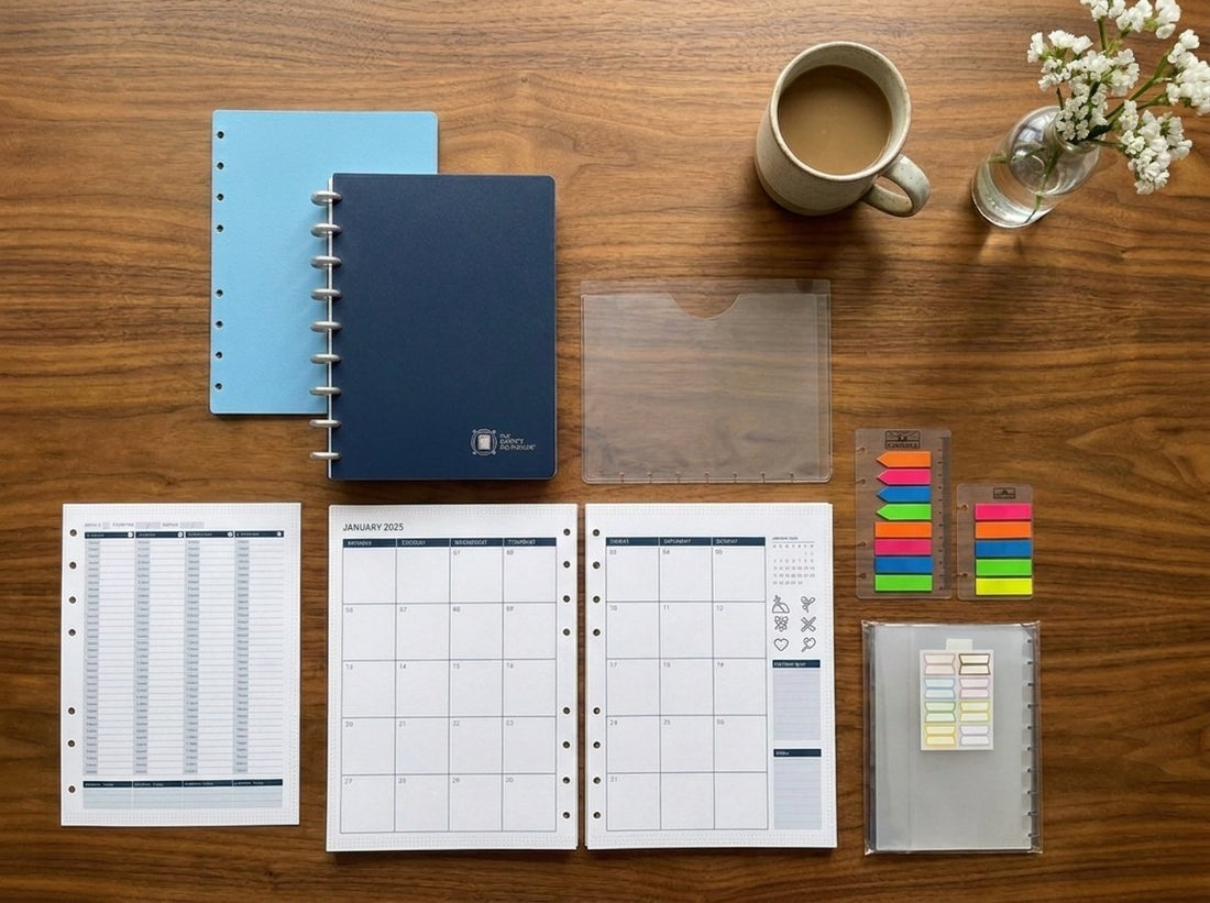 The Gift Set contents — notebook, cover, calendars, pockets and small tools on a wooden desk