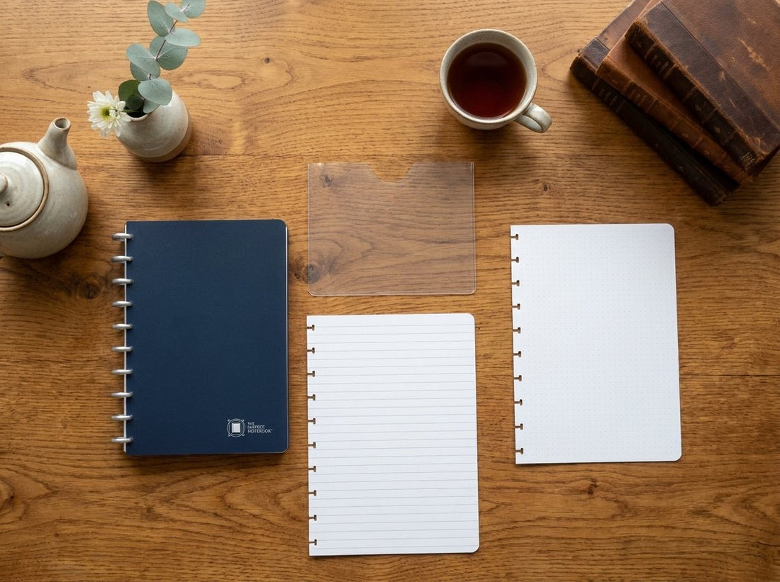 The Journaling Kit contents — notebook, dotted and blank refills, pockets and ruler bookmarks