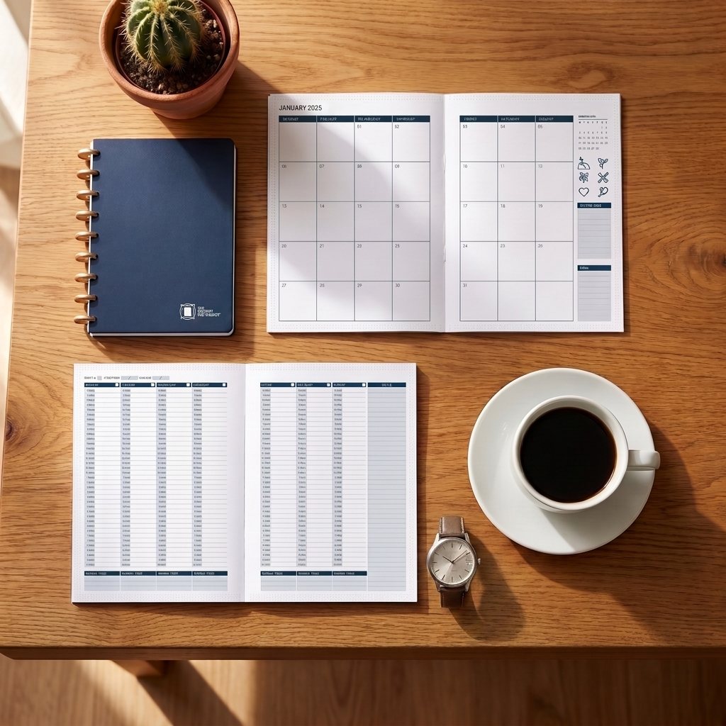 The Planner Pack contents — notebook, weekly and monthly calendars on a wooden desk