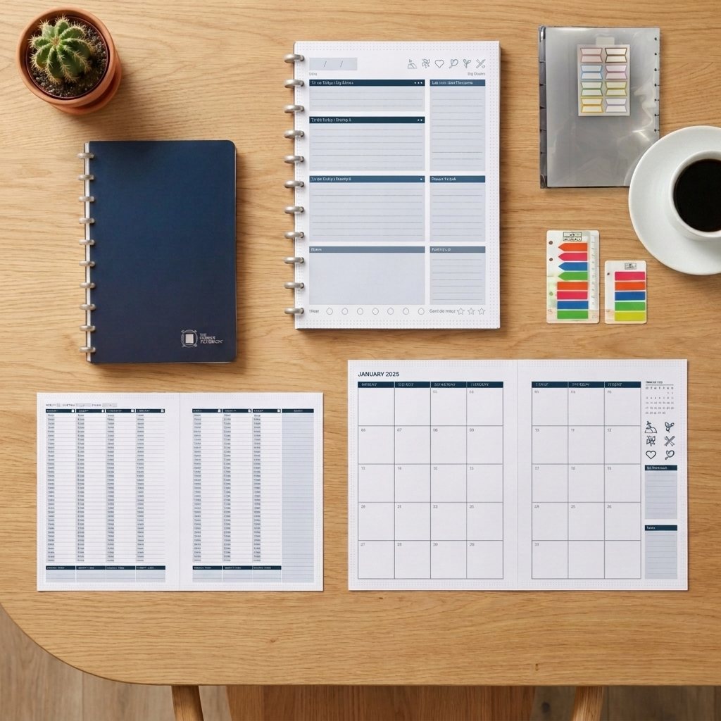 The Work Kit contents — notebook, AM/PM weekly, daily refill, sticky notes and dividers