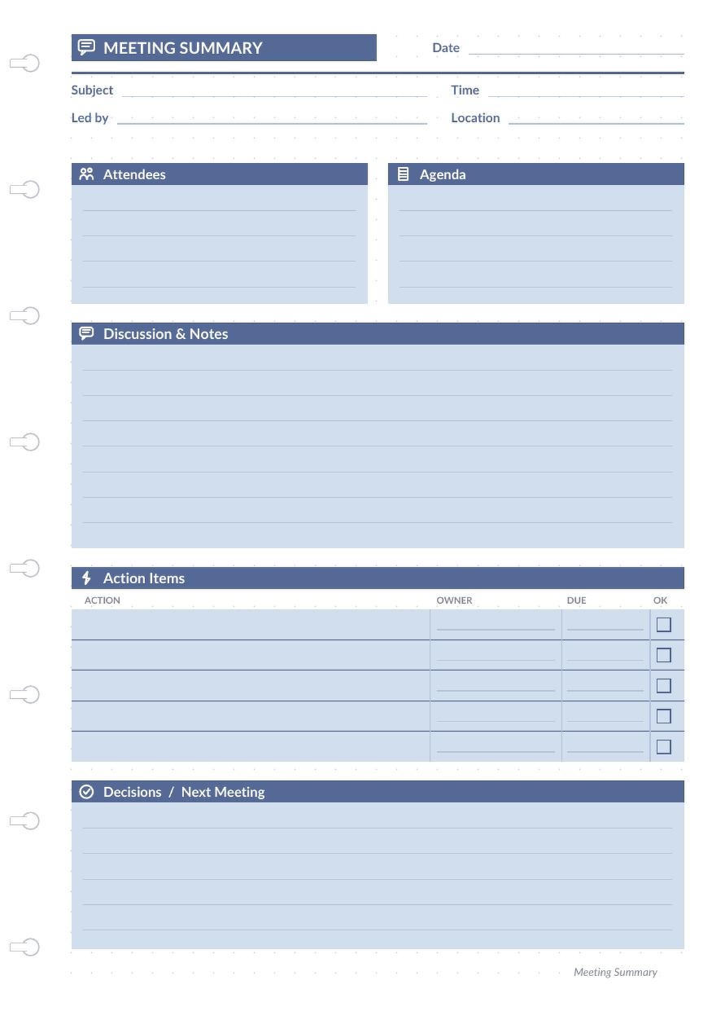 Meeting Summary refill — structured template with sections for attendees, agenda, discussion notes, action items, and decisions