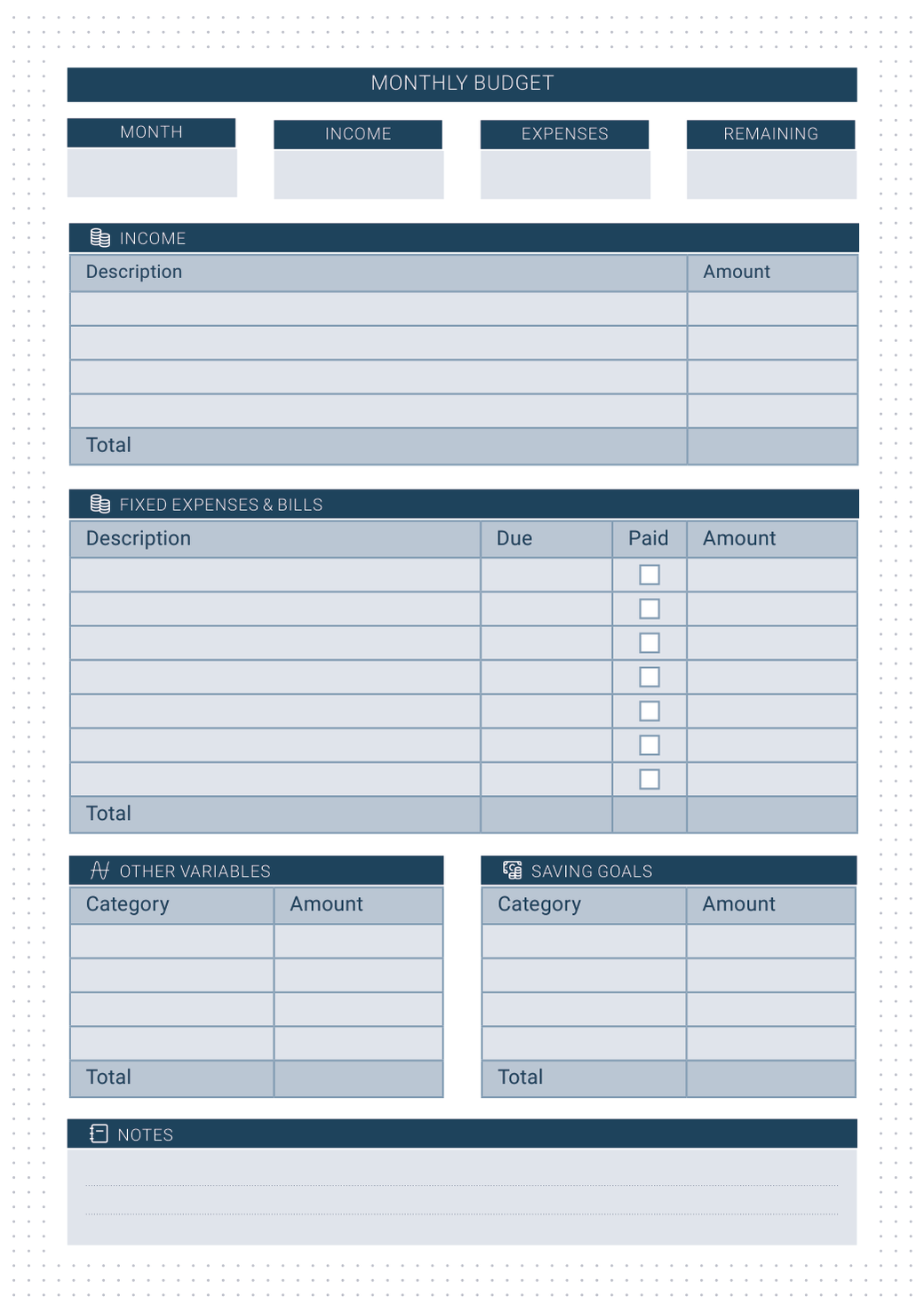 Monthly Budget refill — monthly budget page with month, income, expenses and remaining summary boxes, an income table with amount and total, a fixed expenses and bills table with due, paid and amount columns, other variables and saving goals category tables, and a notes section