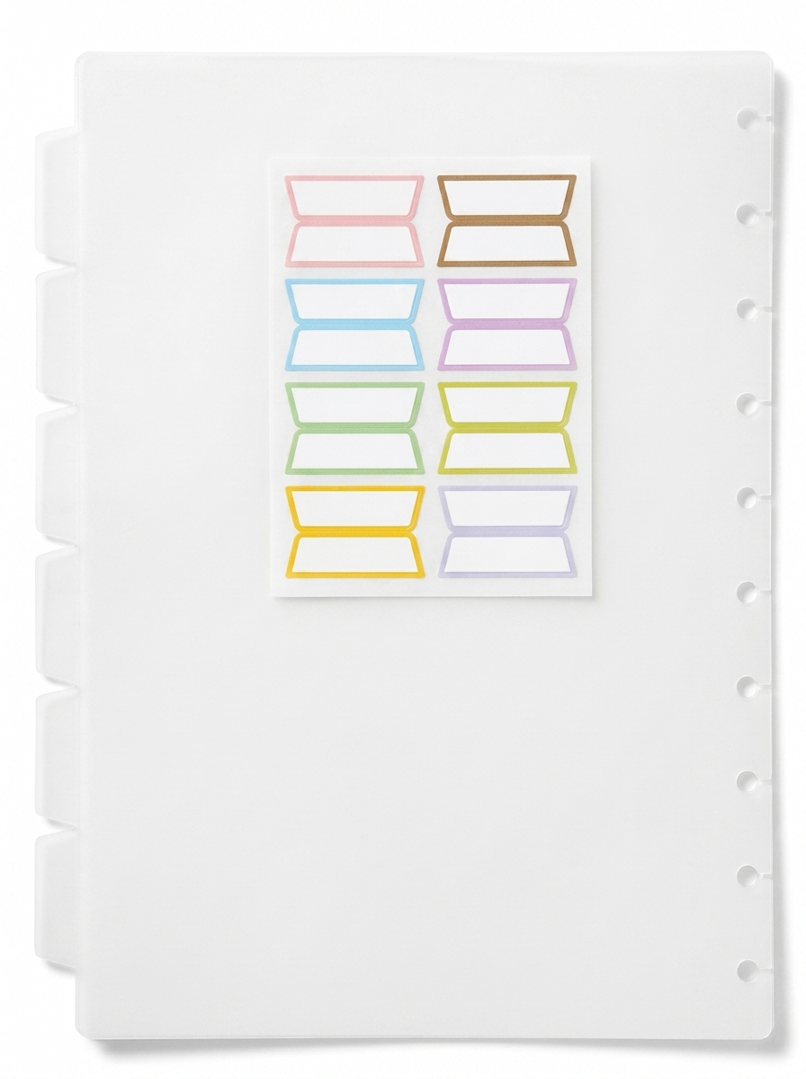 Plastic Index Dividers — white plastic dividers with colorful pastel label stickers for disc-bound notebooks