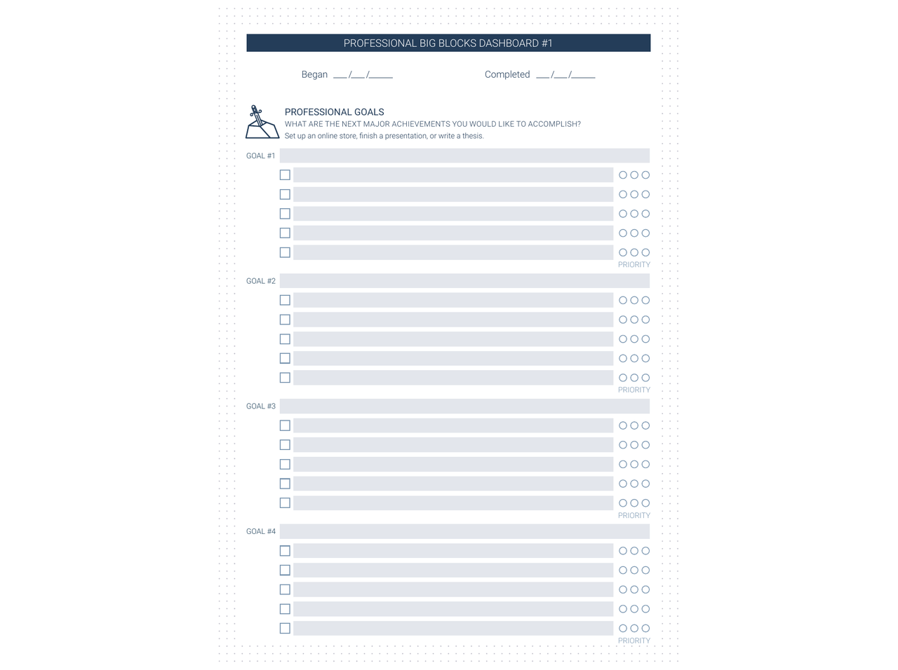 Professional Big Blocks Dashboard — Professional Goals with checklist
