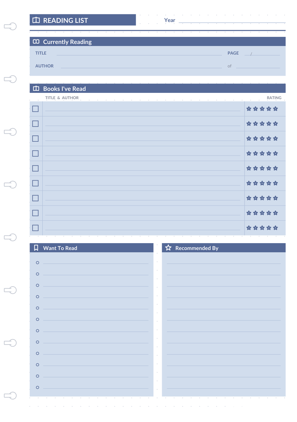 Reading List refill — Currently Reading tracker, Books Read log with star ratings, and Want to Read list sections