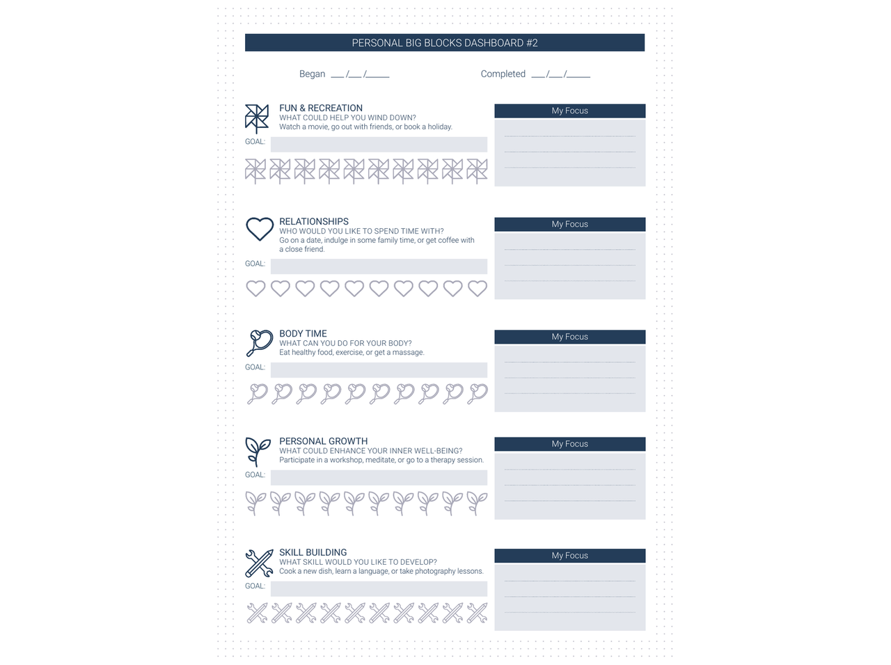 The Starter Kit — Personal Big Blocks Dashboard #2 with Fun & Recreation, Relationships, Body Time, Personal Growth, Skill Building