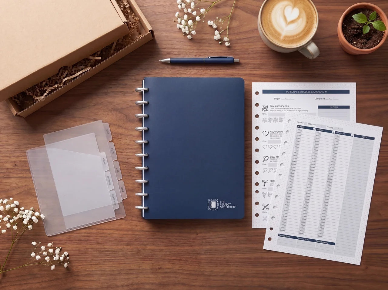 The Starter Kit — flatlay on wood desk with blue notebook, dividers, planning pages, pen, kraft box, flowers and coffee