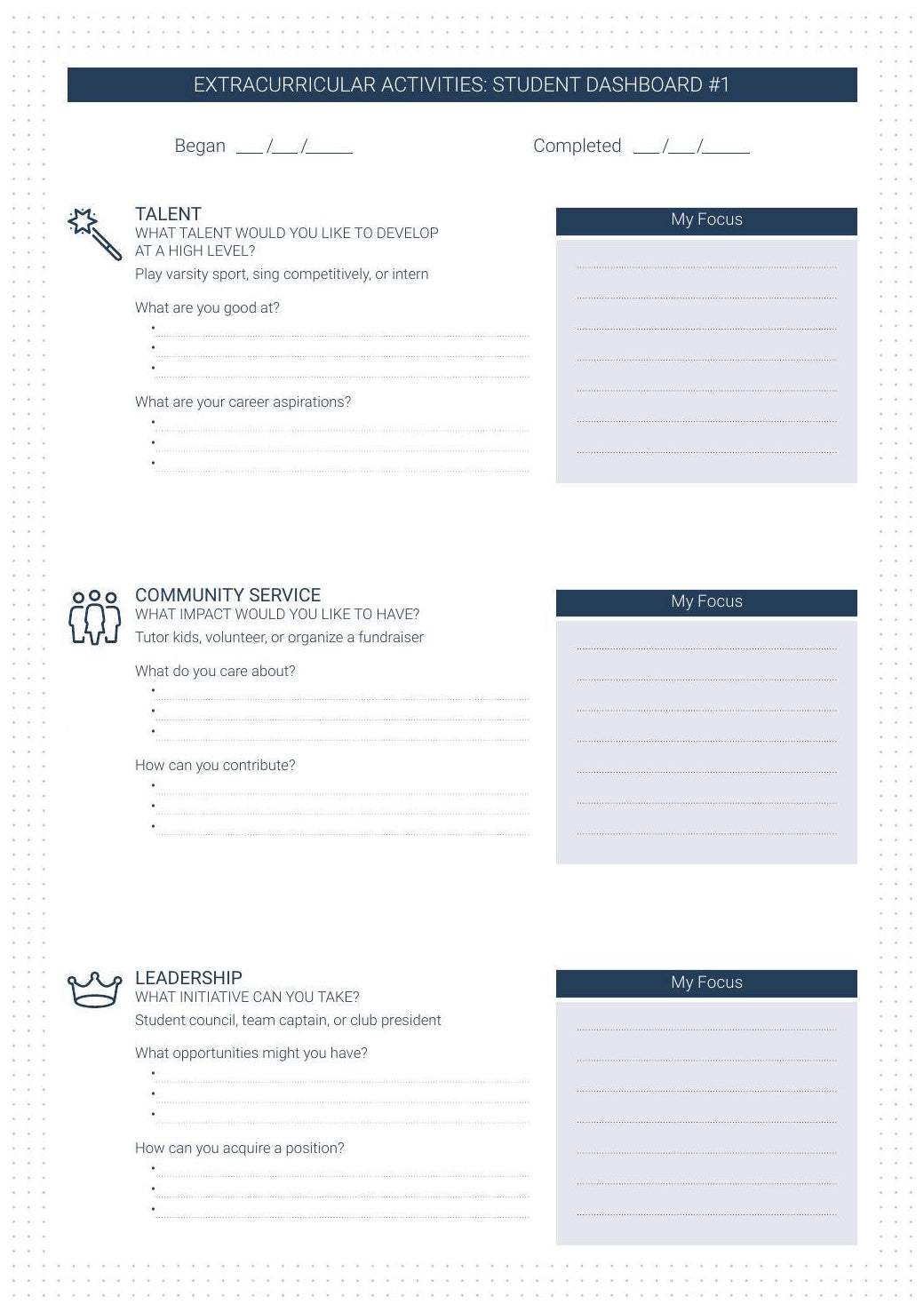 Student Planner refill — Extracurricular Activities: Student Dashboard #1 with Talent, Community Service and Leadership sections and My Focus goal boxes