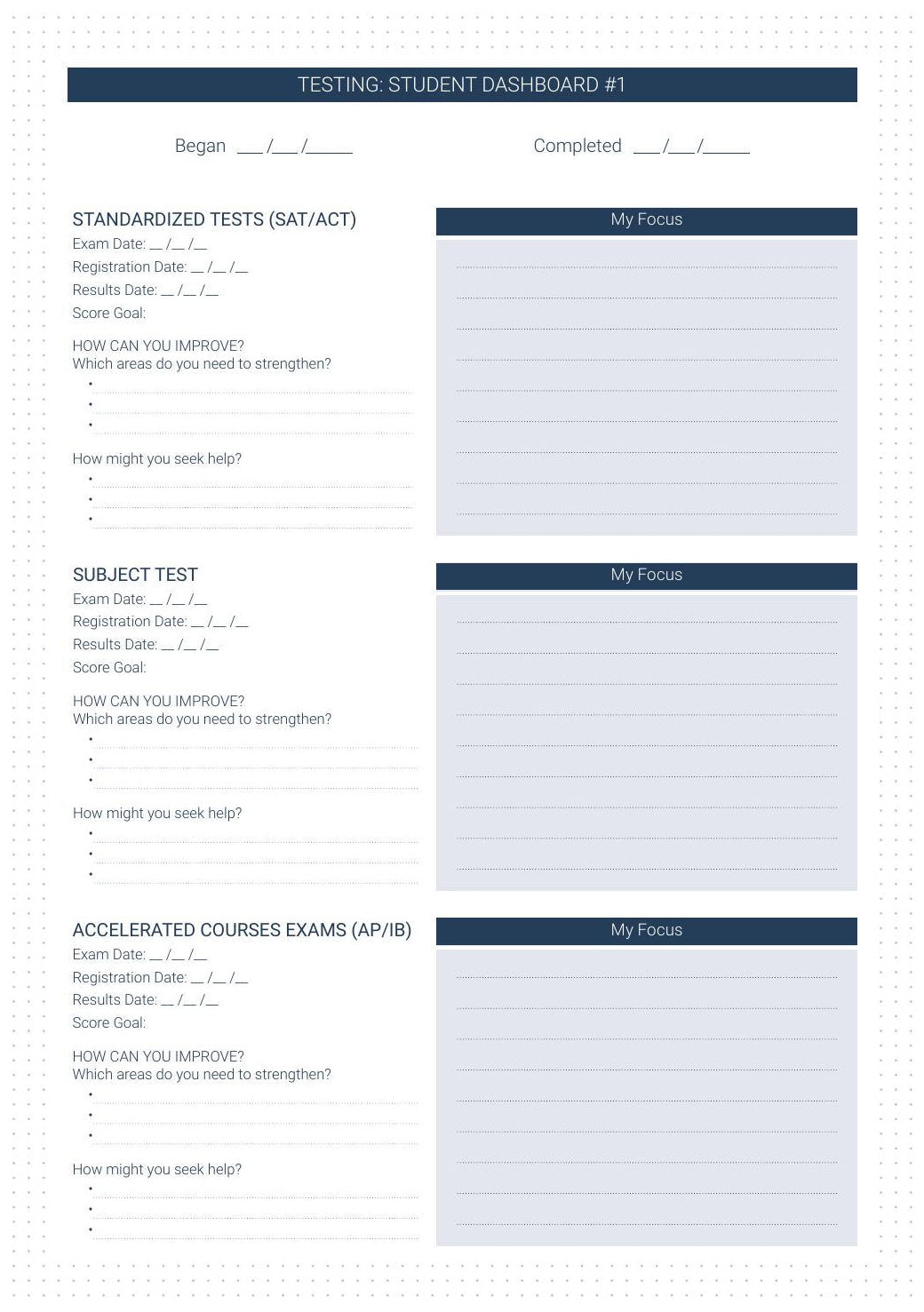 Student Planner refill — Testing: Student Dashboard #1 with Standardized Tests (SAT/ACT), Subject Test and Accelerated Courses Exams (AP/IB) and My Focus goal boxes