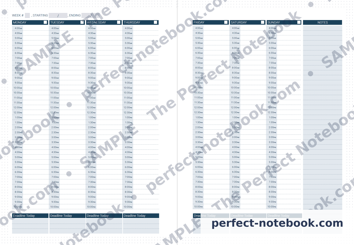 AM-PM Weekly Calendar Printable Template – sample page (watermarked preview), The Perfect Notebook