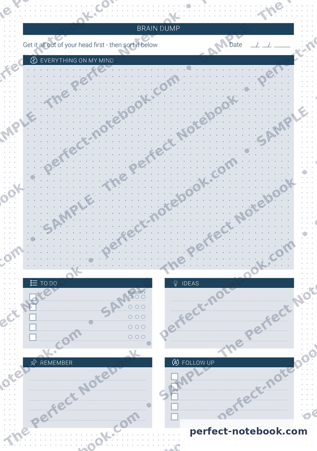 Brain Dump Printable Template – sample page (watermarked preview), The Perfect Notebook