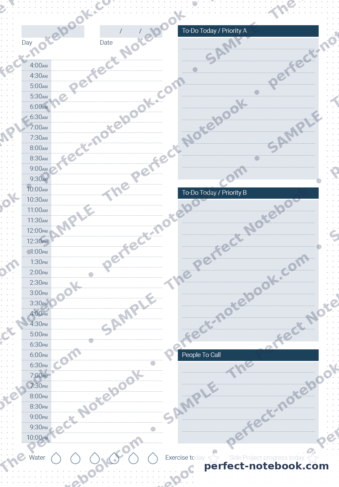 Daily Calendar Printable Template – sample page (watermarked preview), The Perfect Notebook