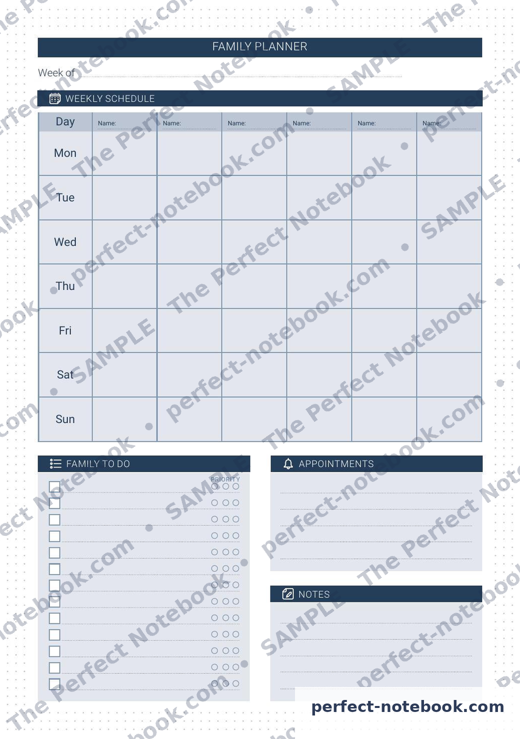 Family Planner Printable Template – sample page (watermarked preview), The Perfect Notebook