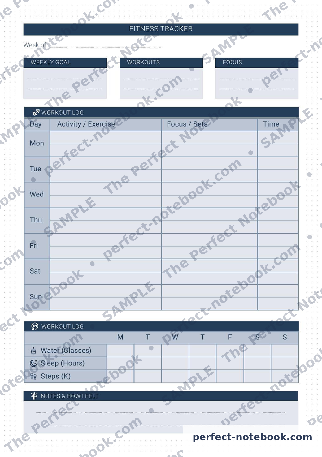Fitness Tracker Printable Template – sample page (watermarked preview), The Perfect Notebook