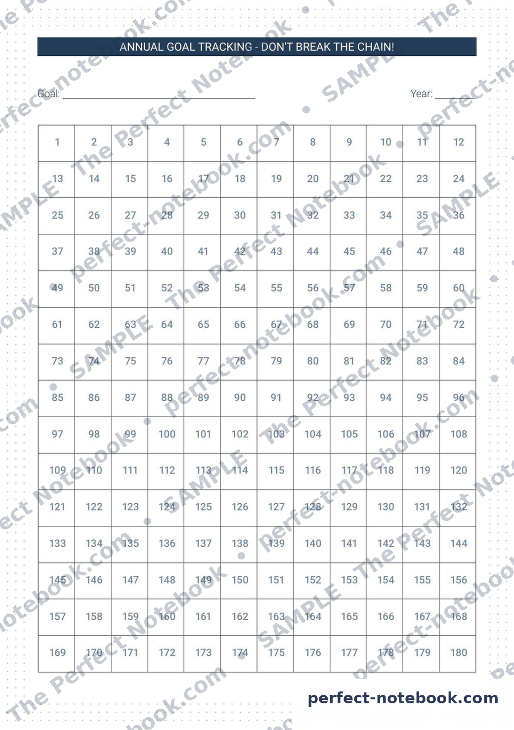 Goal Tracking Annual Printable Template – sample page (watermarked preview), The Perfect Notebook