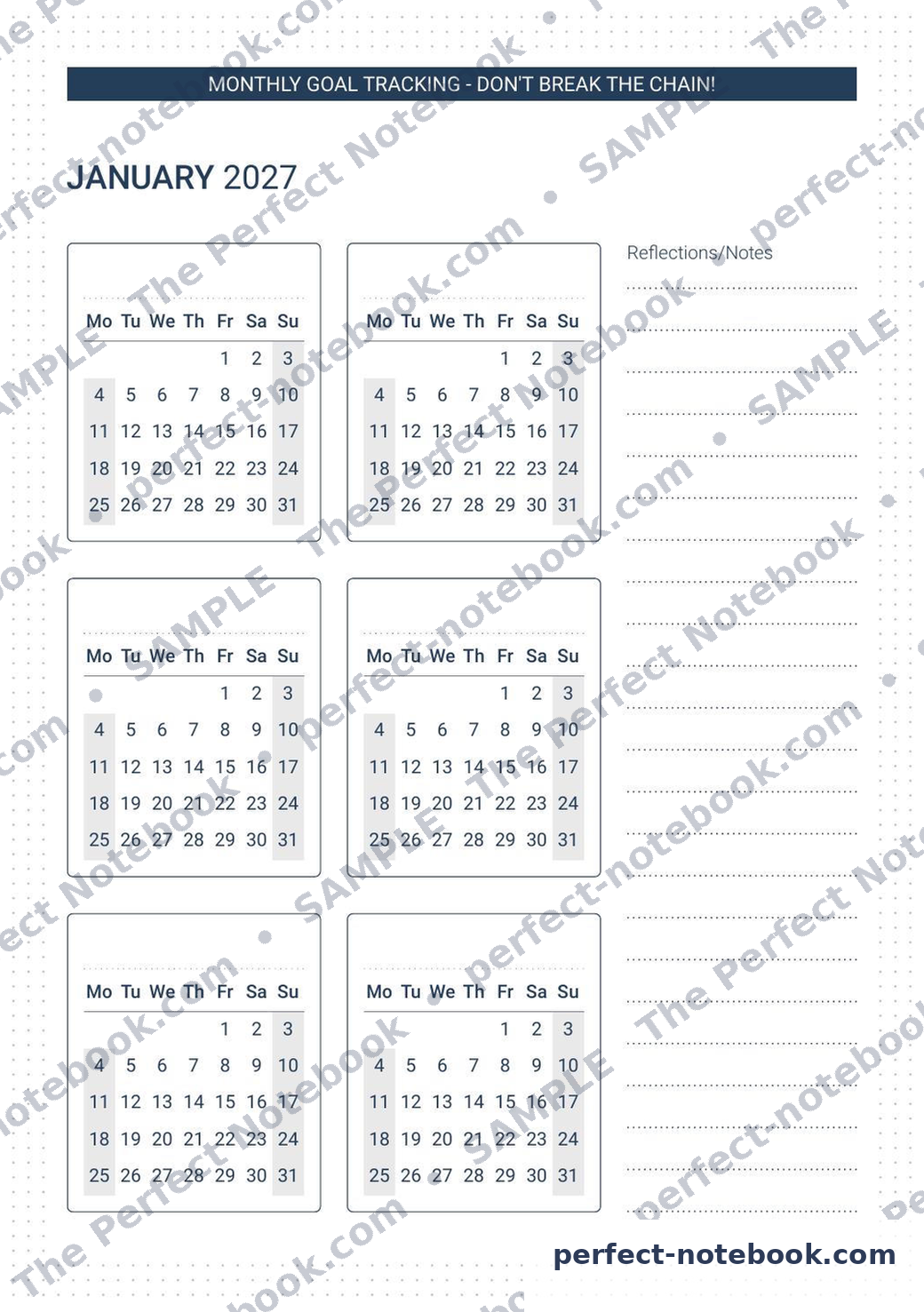 Goal Tracking Monthly 2027-2028 Printable Template – sample page (watermarked preview), The Perfect Notebook