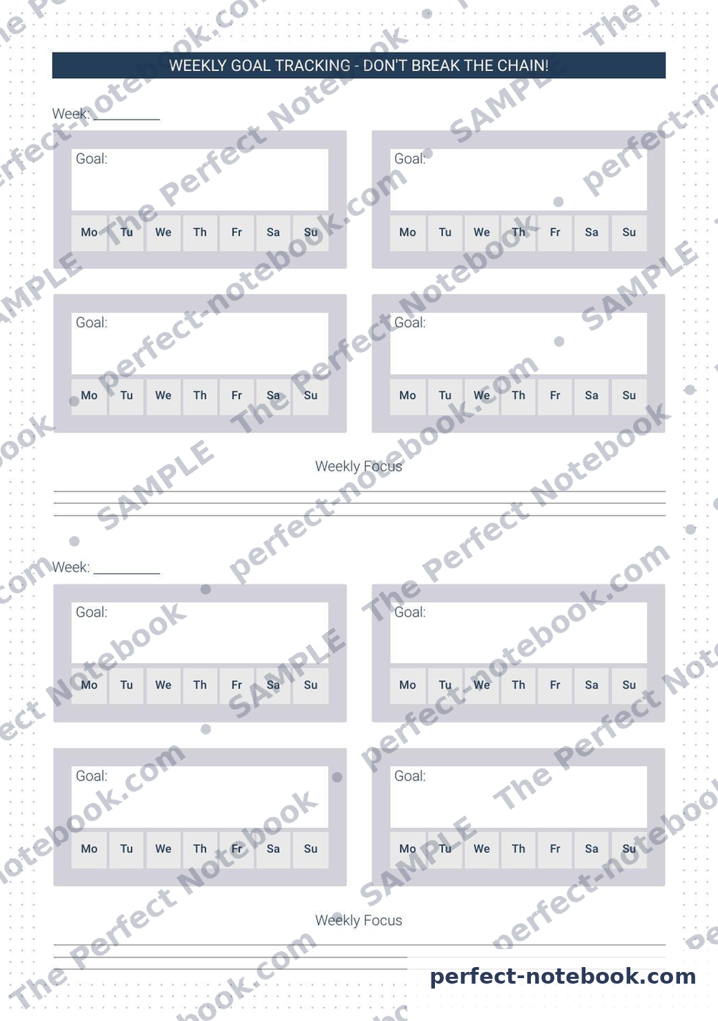 Goal Tracking Weekly Printable Template – sample page (watermarked preview), The Perfect Notebook
