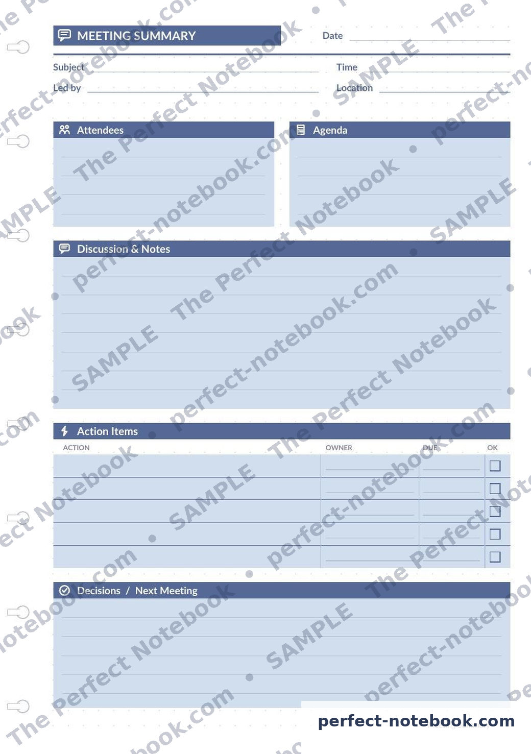 Meeting Summary Printable Template – sample page (watermarked preview), The Perfect Notebook