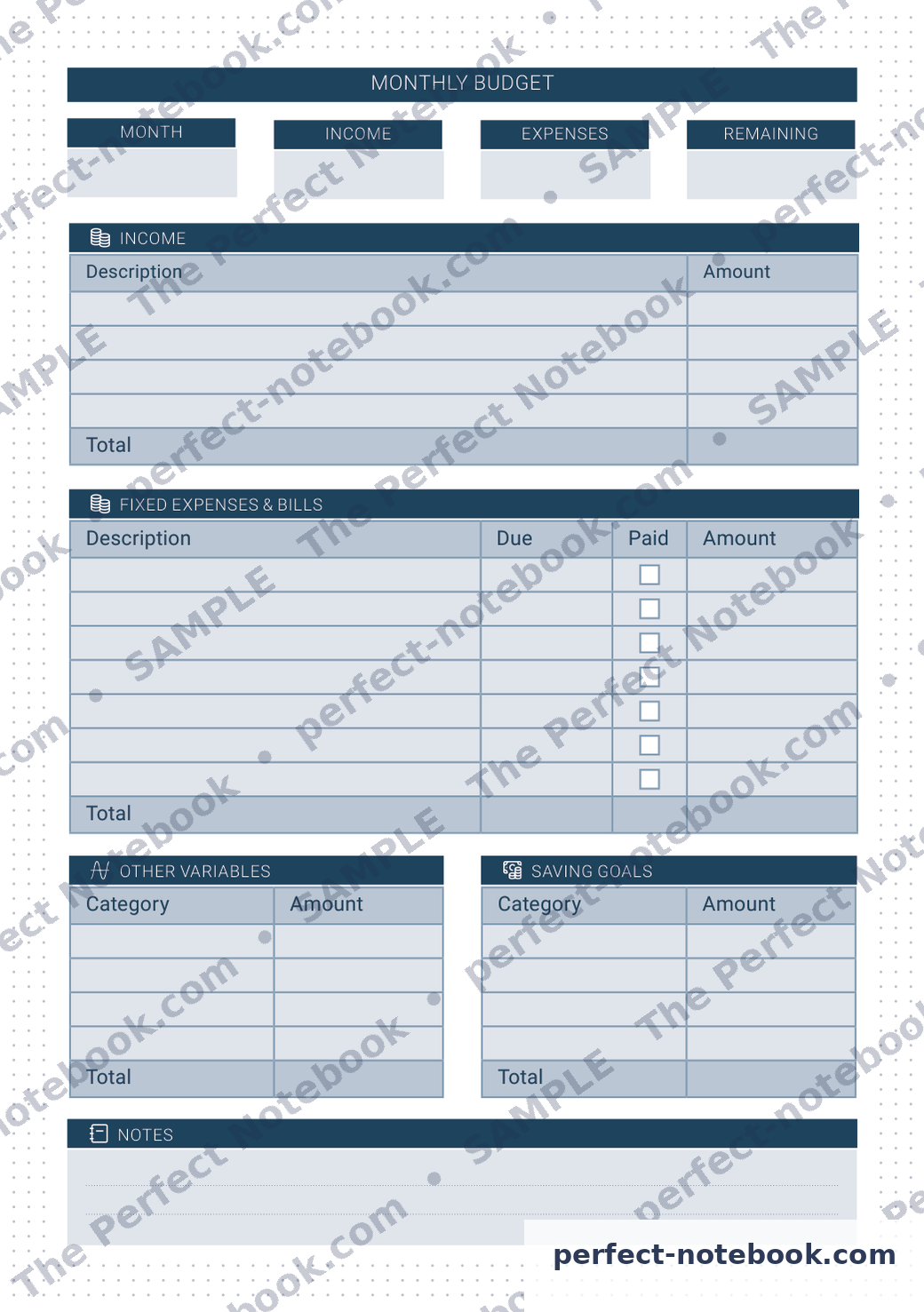 Monthly Budget Printable Template – sample page (watermarked preview), The Perfect Notebook