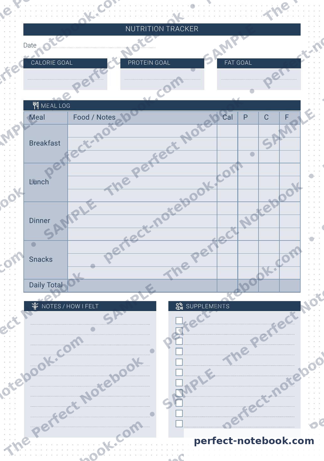 Nutrition Tracker Printable Template – sample page (watermarked preview), The Perfect Notebook