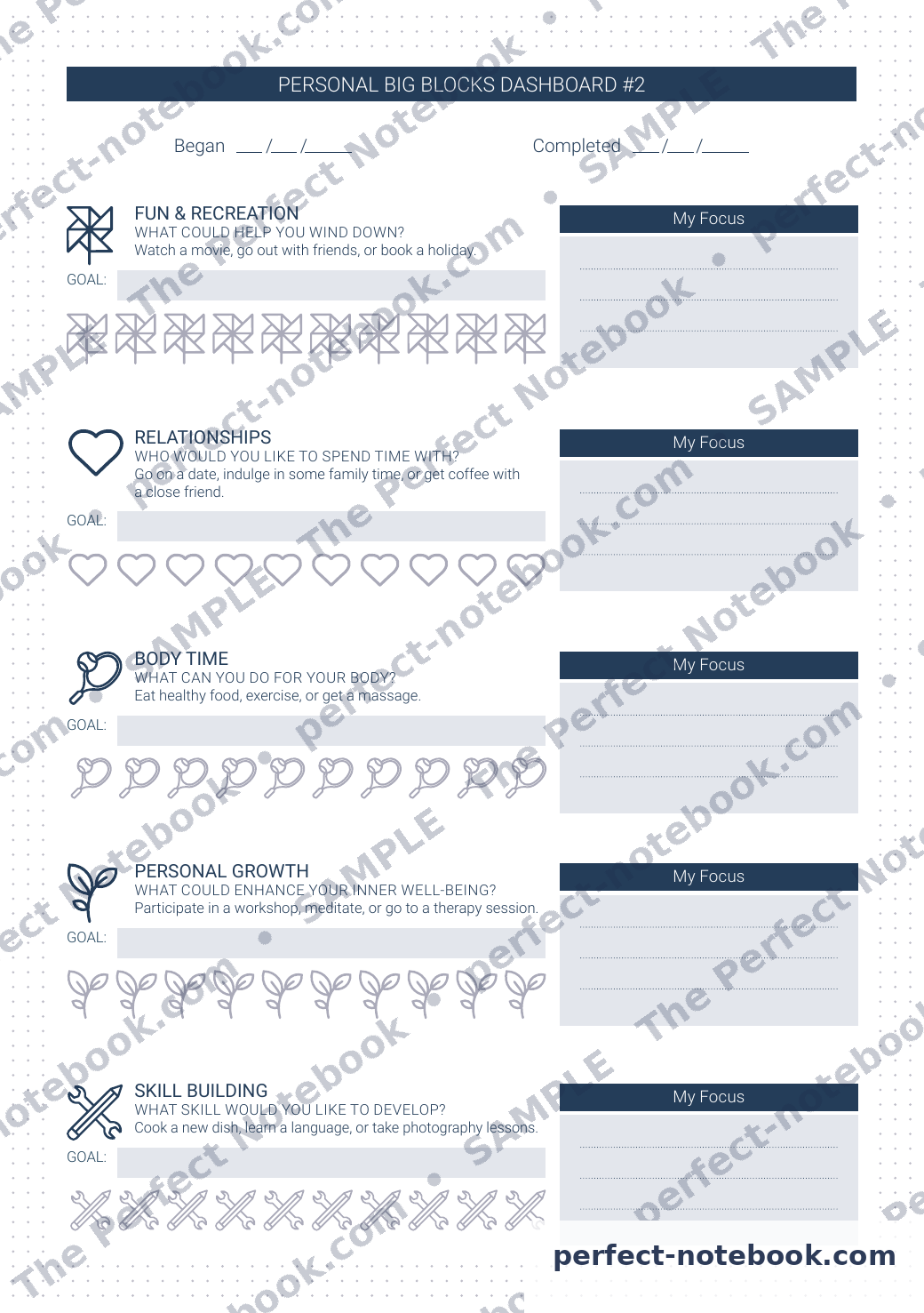 Personal Big Blocks Dashboard Printable Template – sample page (watermarked preview), The Perfect Notebook
