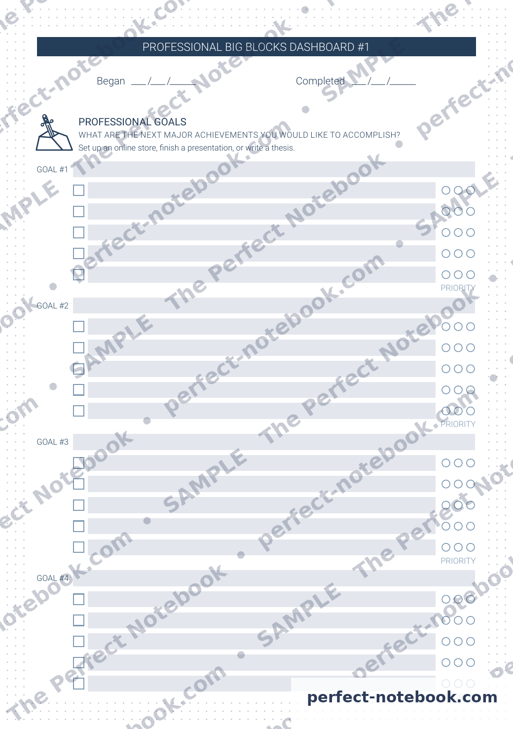 Professional Big Blocks Dashboard Printable Template – sample page (watermarked preview), The Perfect Notebook